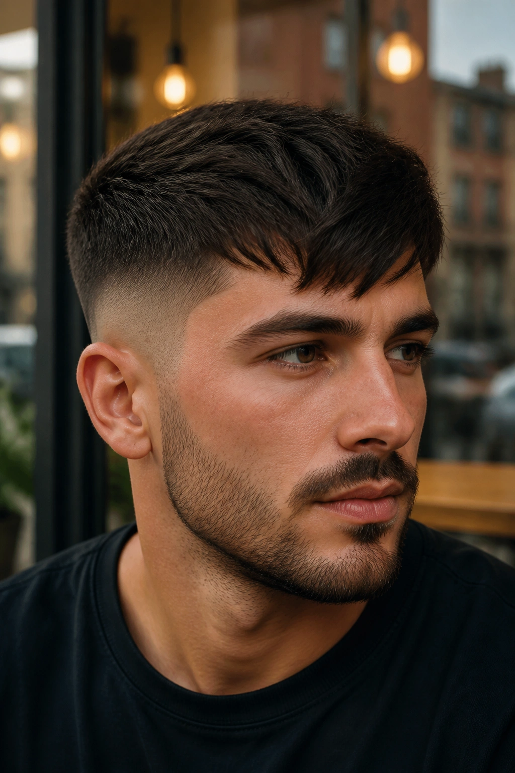 Close-up of a man with a low fade and slanted fringe in a cafe backdrop.