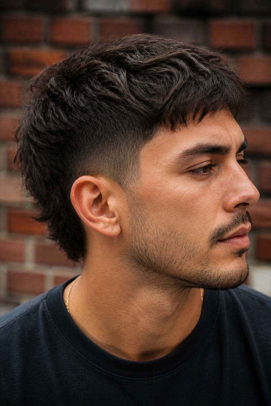 Close-up portrait of a real man with a low fade wolf cut in outdoor urban light