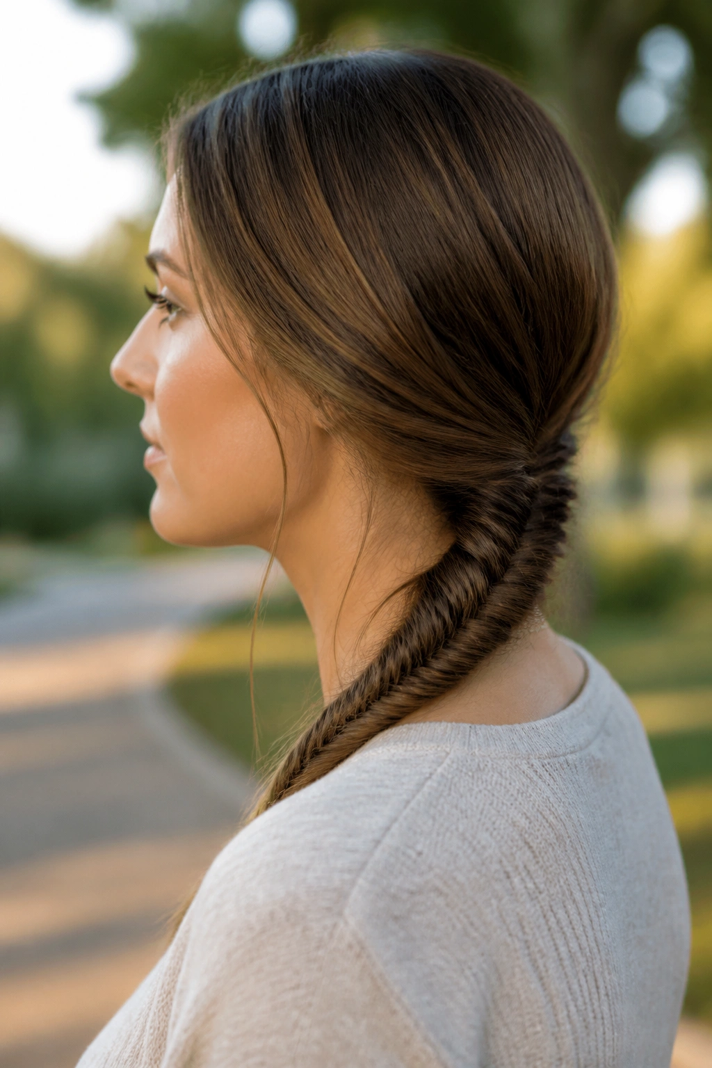 Real woman with a low fishtail braid starting below the jaw.