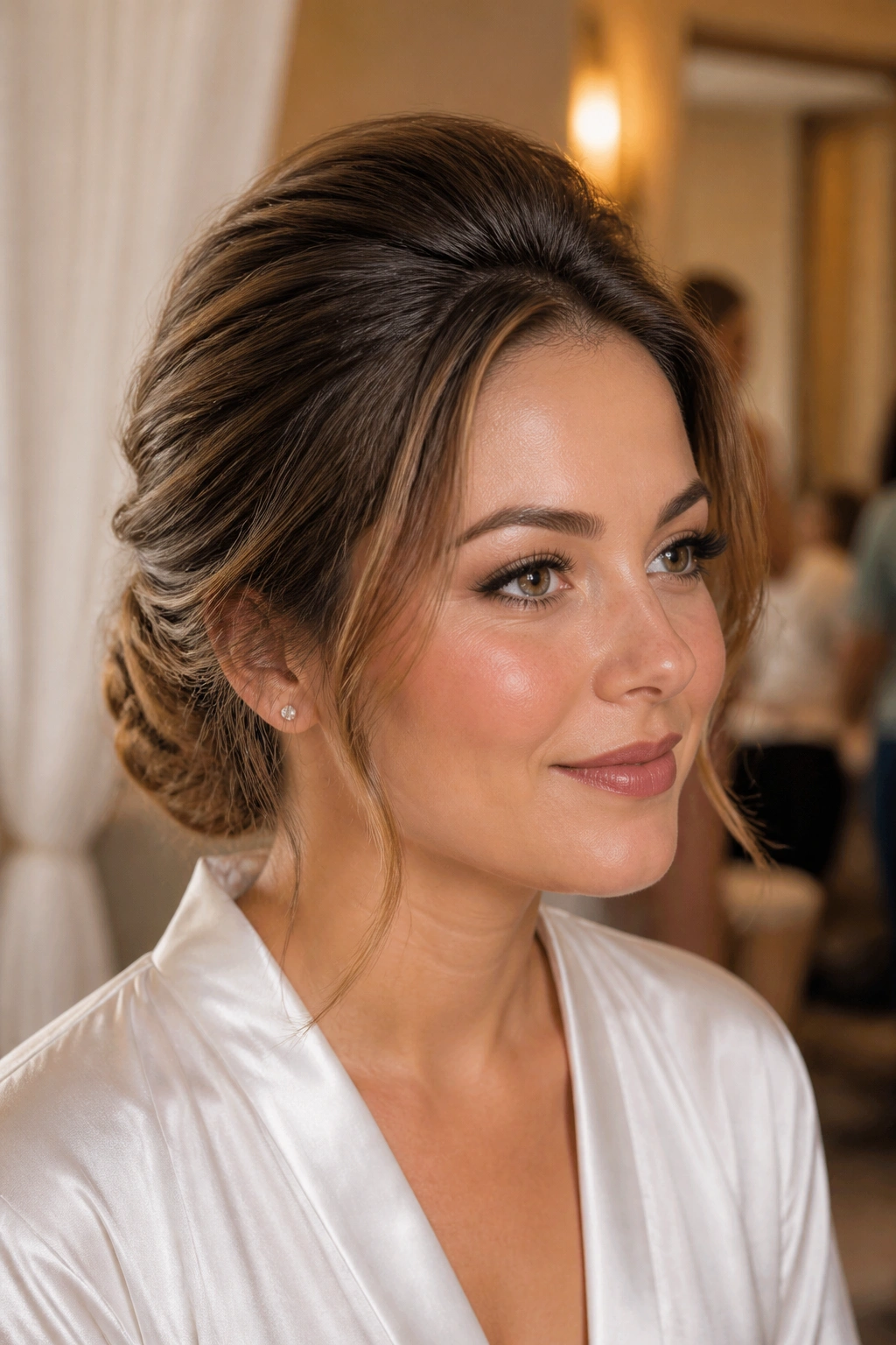 Close-up portrait of a real woman with a low French twist and crown lift against a wedding venue backdrop