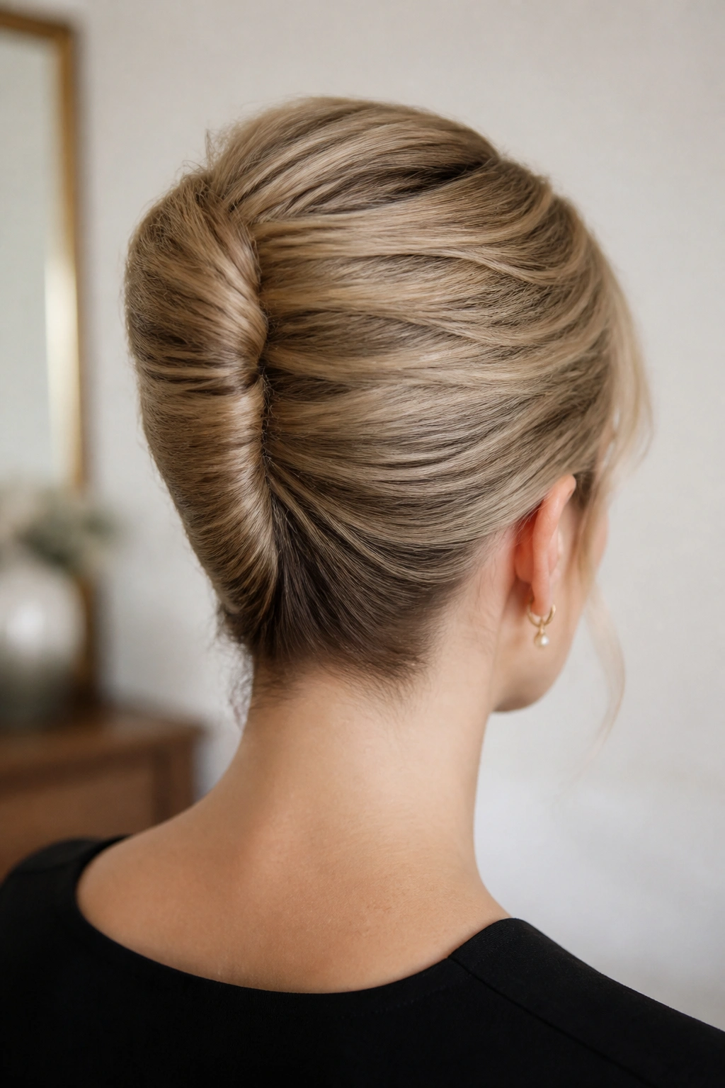 Back view of low French twist along the neck