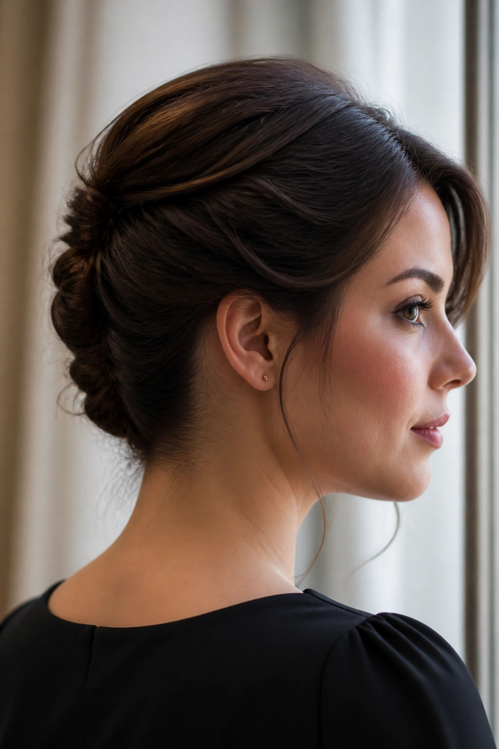 Close-up of woman with low French twist at nape
