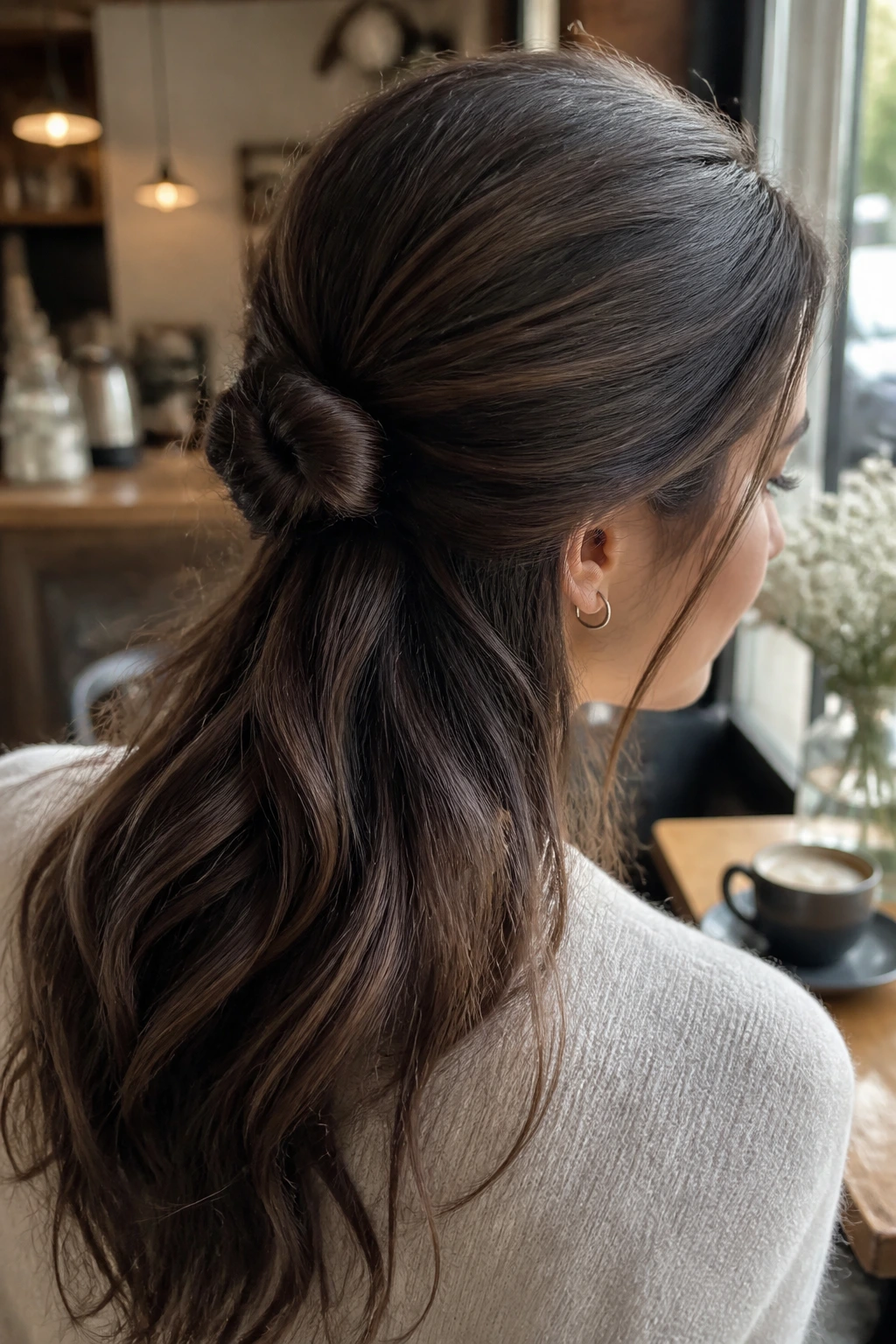 Close-up of a real woman wearing a low half-up knot in a cafe setting.