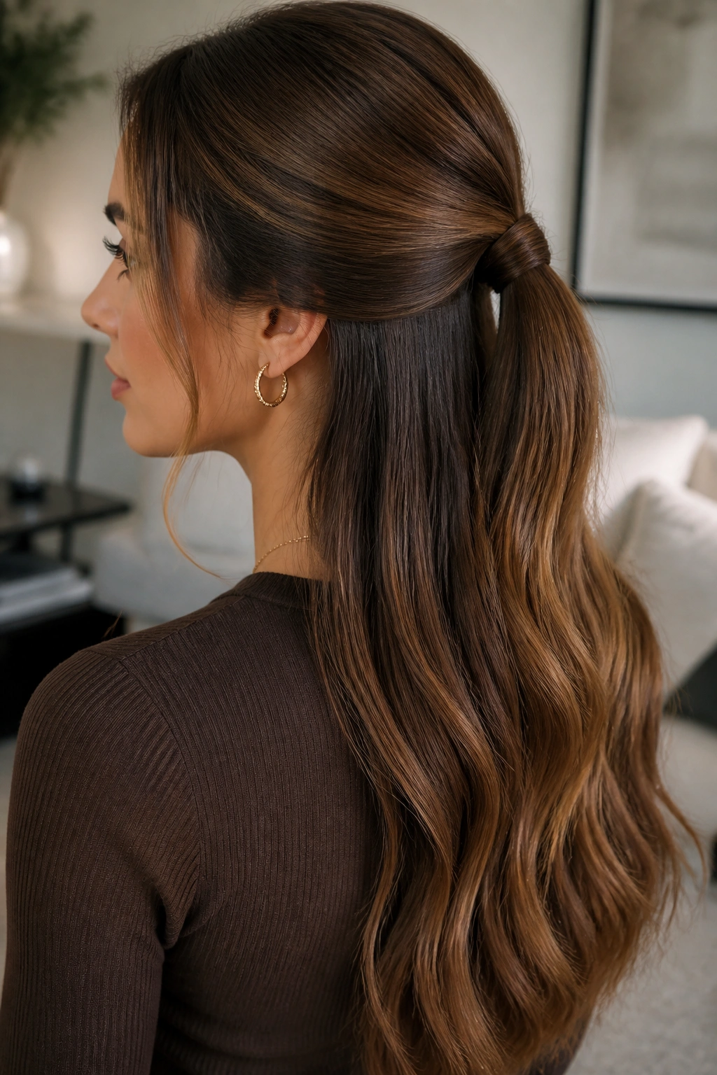 Real woman showcasing a low half-up ponytail with a sleek finish