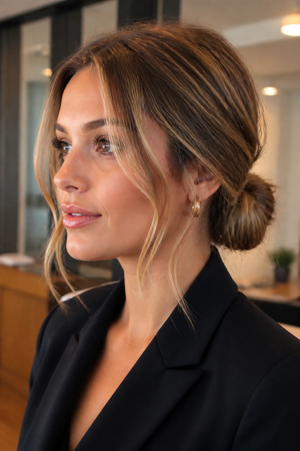 Close-up of a low knot with face-framing pieces in a calm office