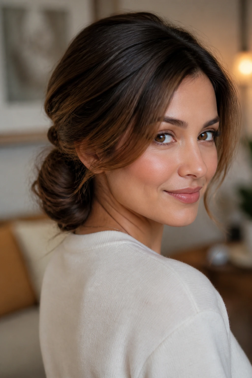 Close-up of a real woman with a low knot and side-volume