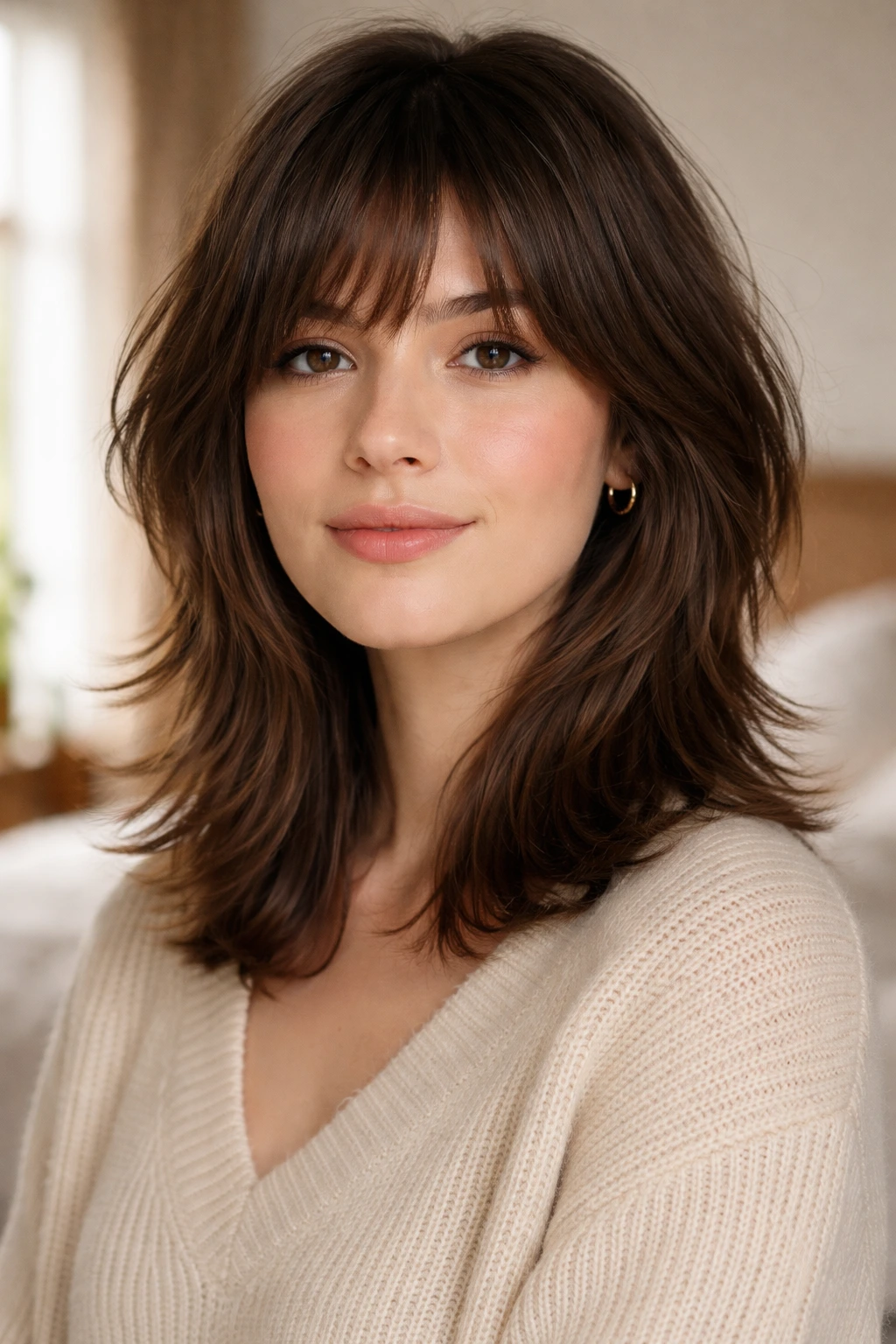 Close-up portrait of a real woman with low-layer shag showing textured ends in warm natural light