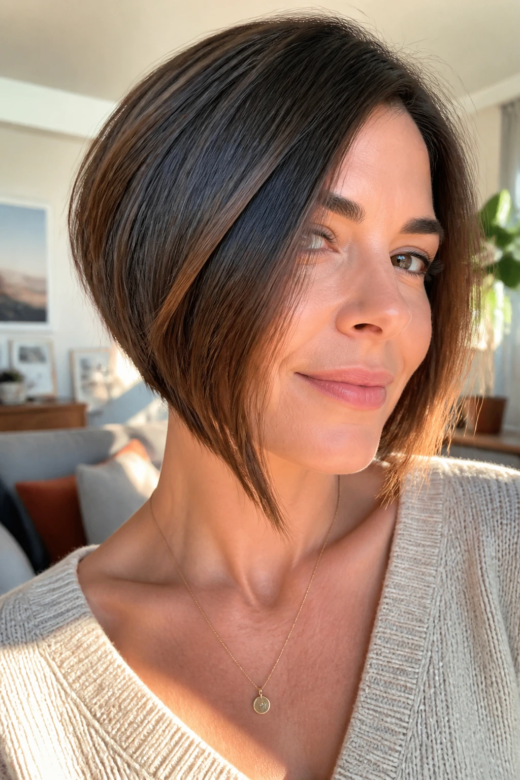 Real woman with subtle angled bob and tidy nape