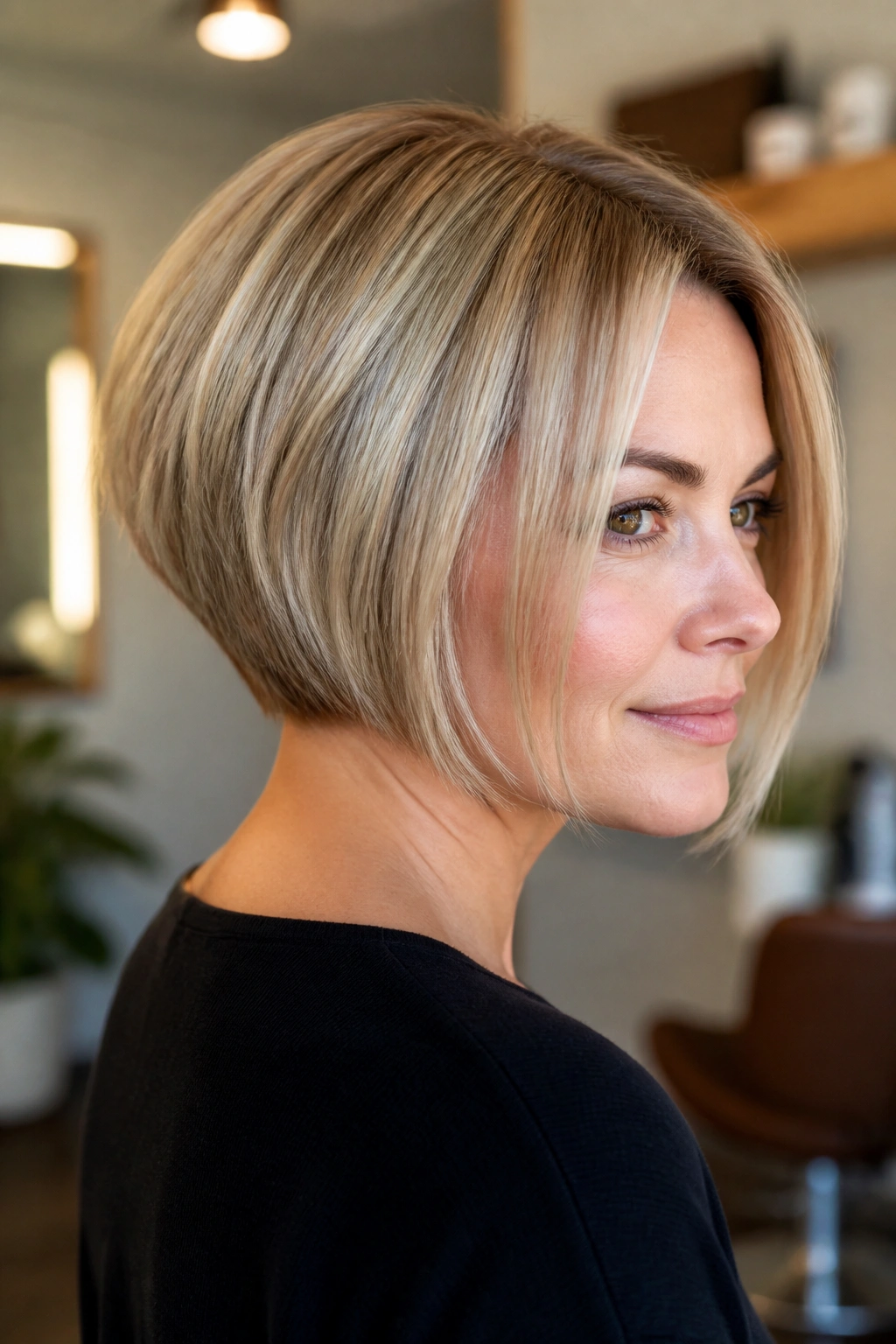 Portrait of a real woman with a low-maintenance stacked inverted bob for fine hair