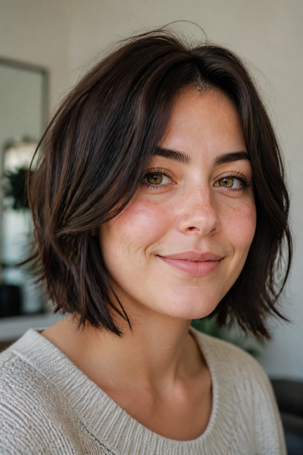 Real person with a low-maintenance bob in a casual home setting