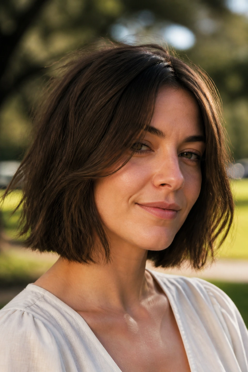 Close-up portrait of a real woman with a low-maintenance choppy bob