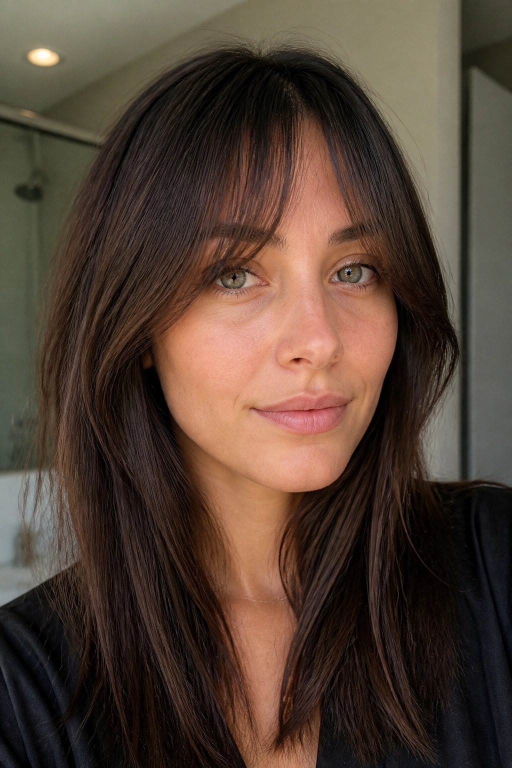Real woman with low-maintenance curtain bangs for fine straight hair in a casual home setting