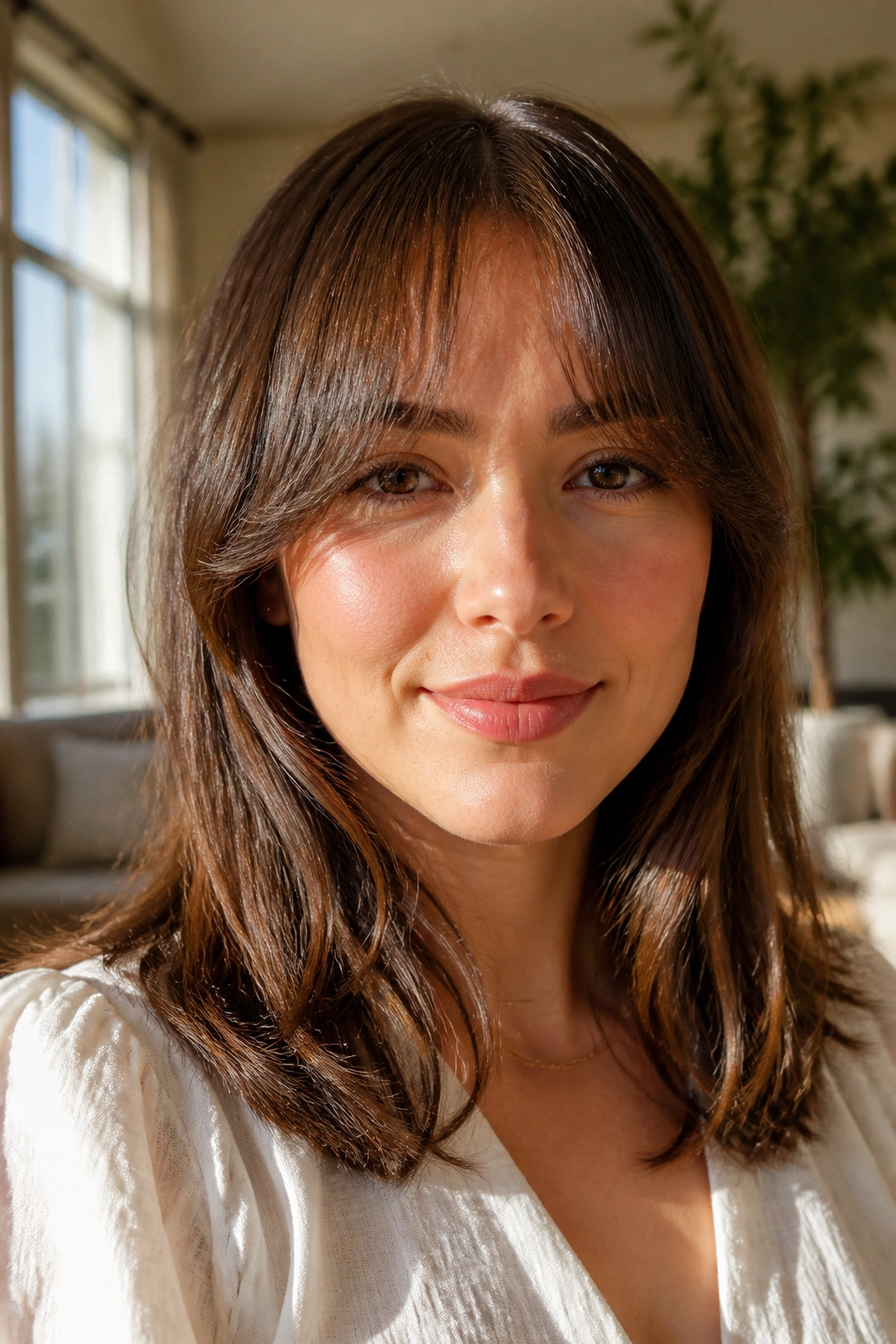 Close-up portrait of a real woman with long curtain bangs that grow out gracefully in a sunlit room