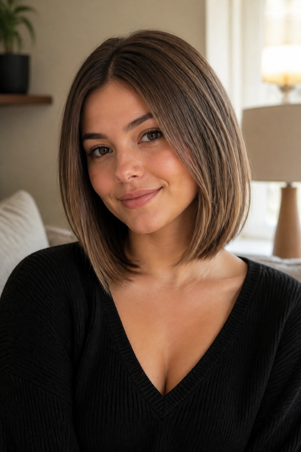 Real woman with a low-maintenance everyday lob in soft morning light