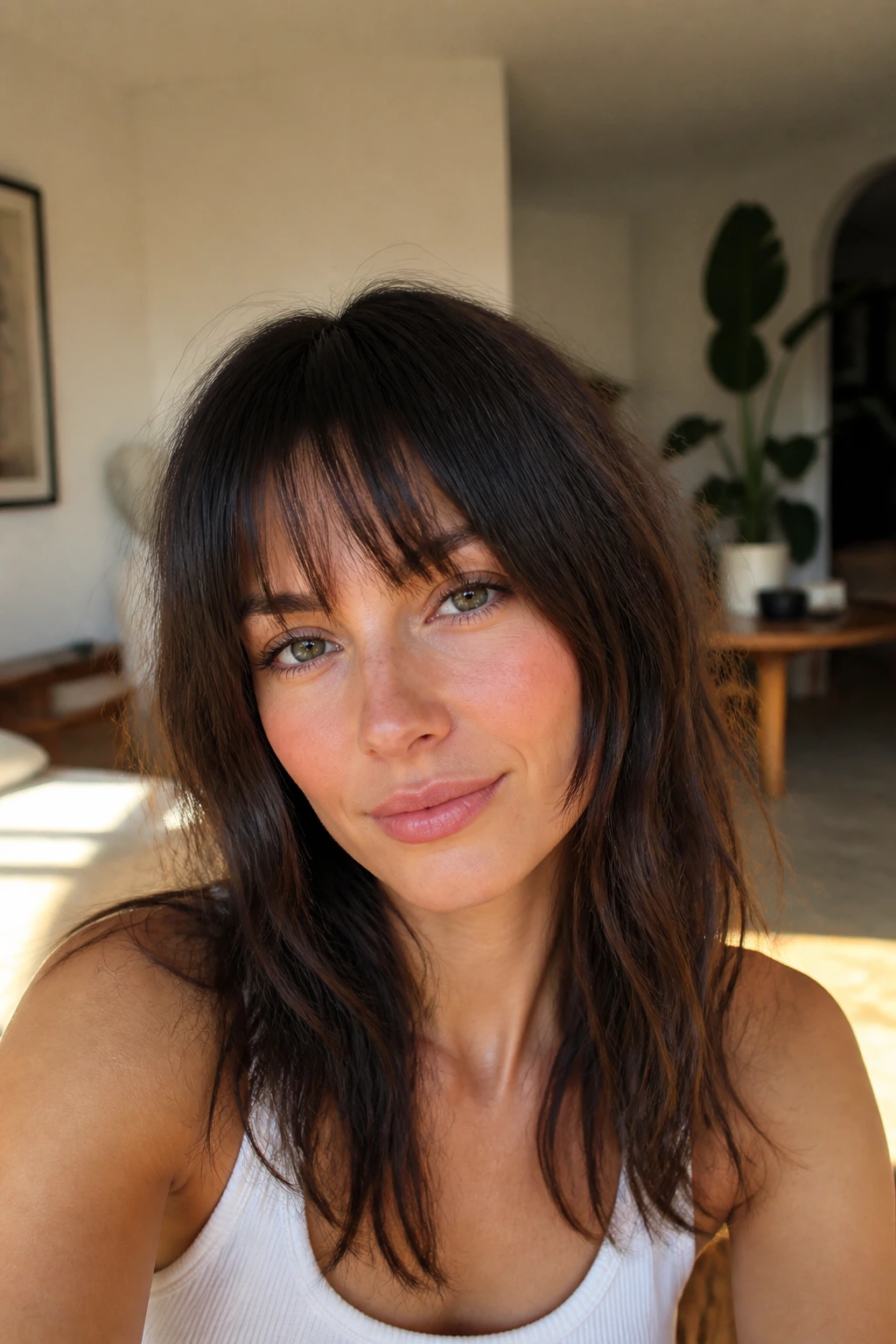 Real woman with low maintenance choppy fringe in a sunlit living room