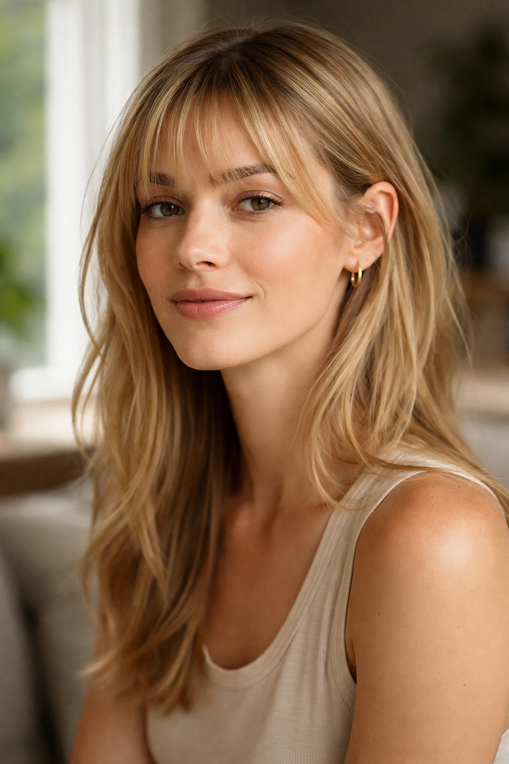 Close-up of a real person with a low-maintenance fringe trim
