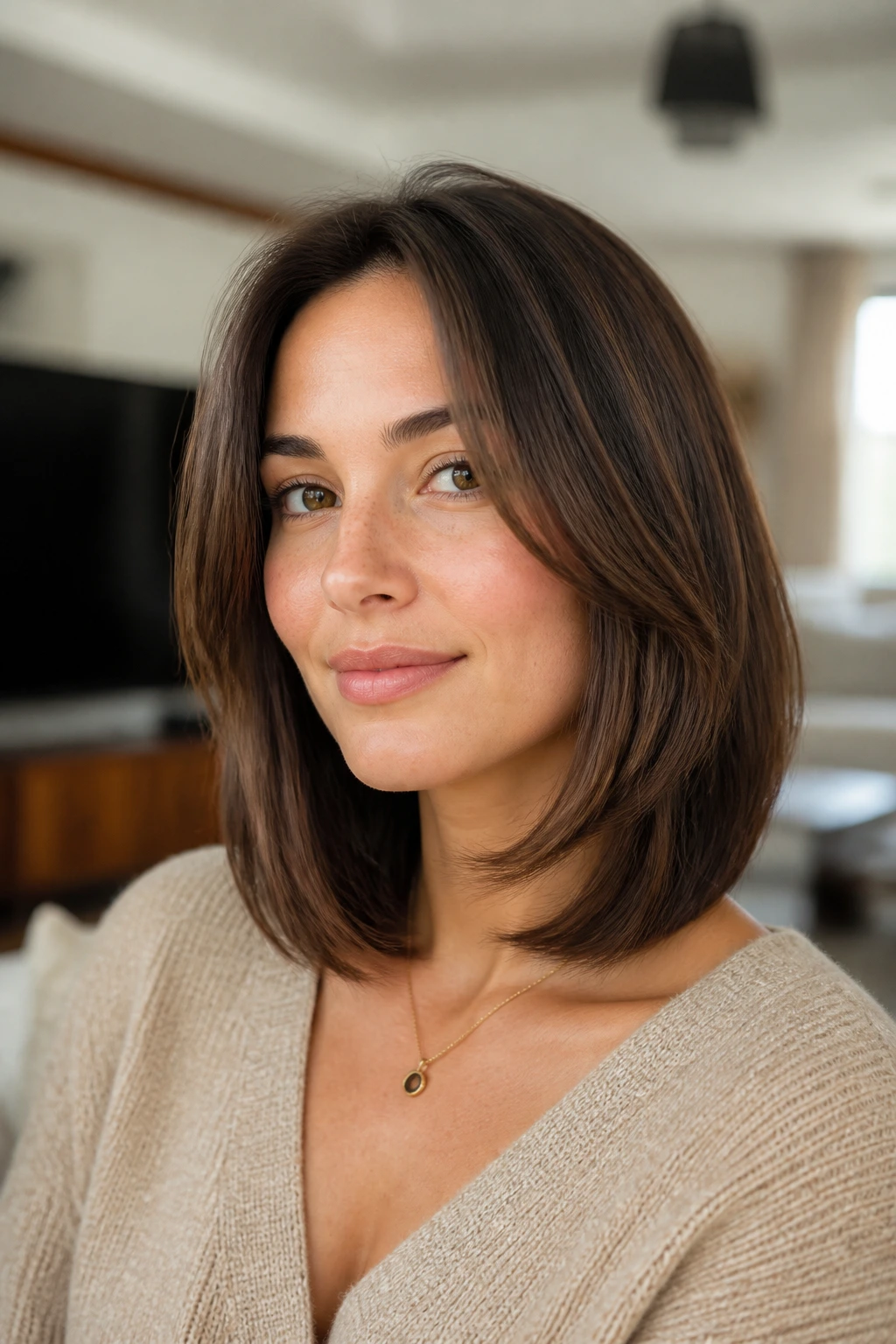 Real woman with low-maintenance lob and soft internal movement