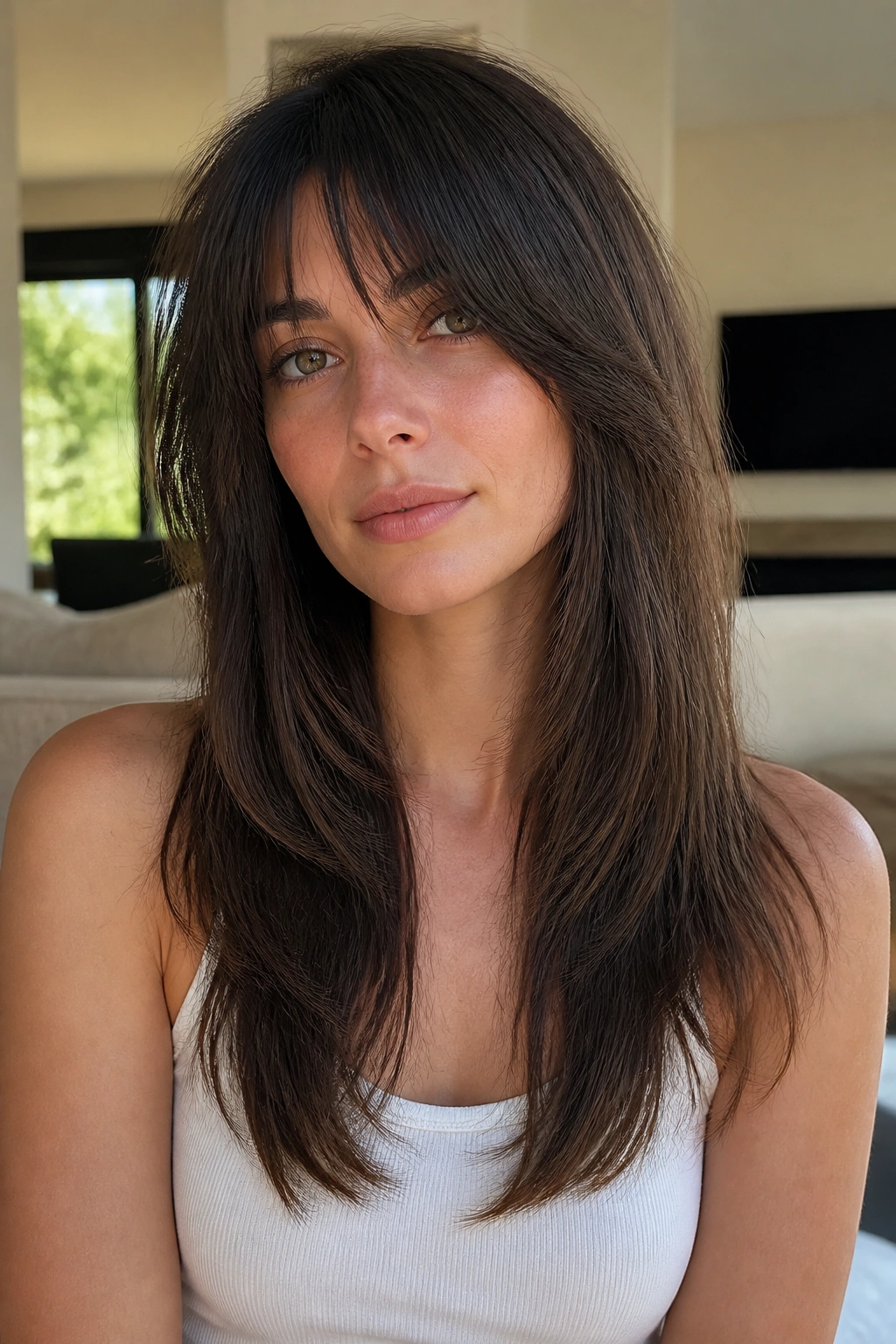 Close-up of a real woman with low-maintenance long shag in natural light living room