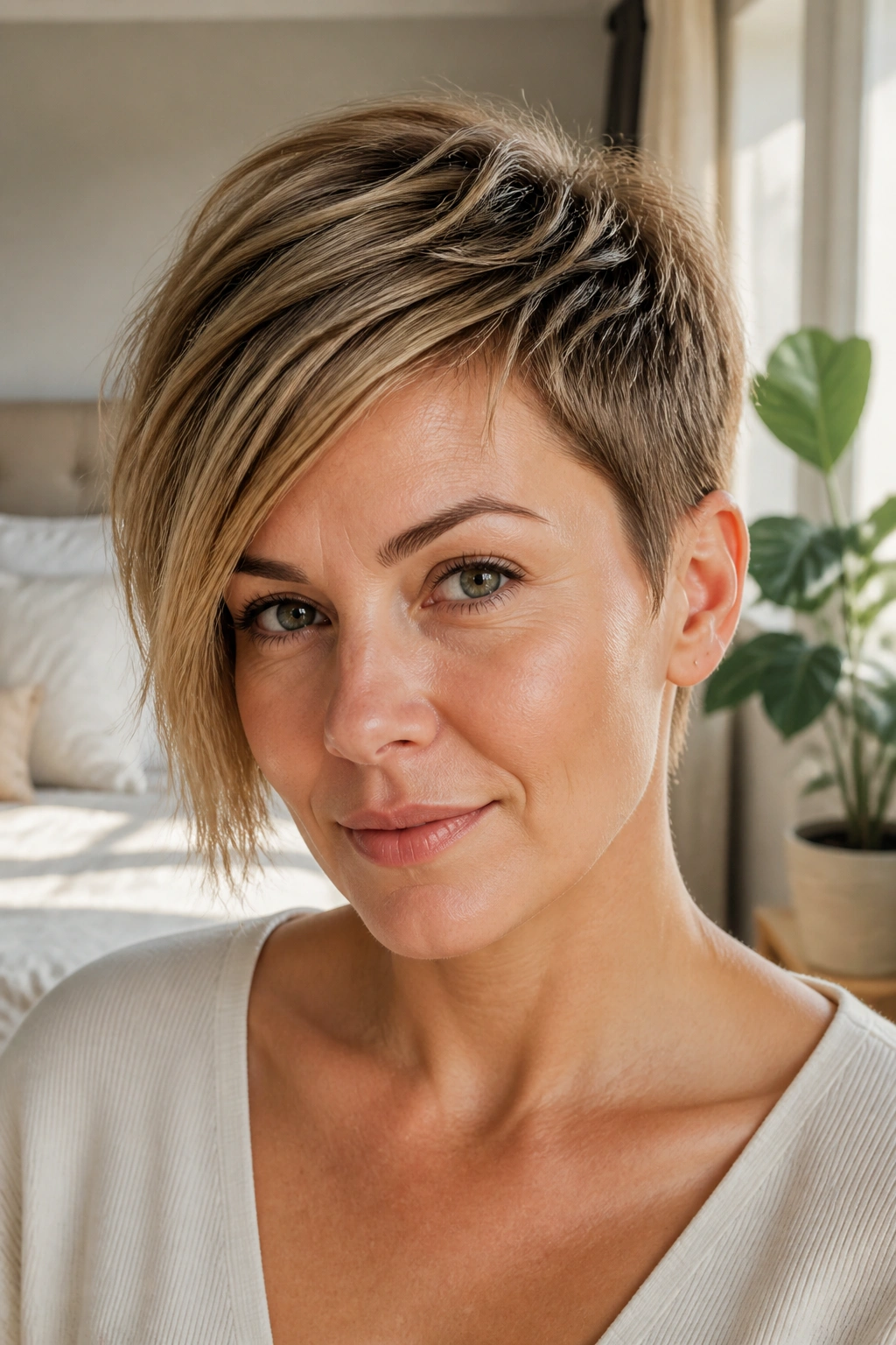 Close-up portrait of a real woman with a low-maintenance asymmetrical pixie in a bedroom