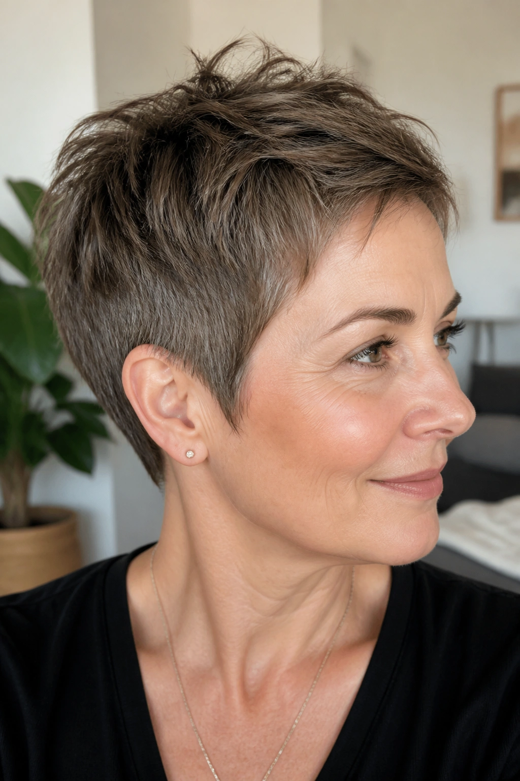 Close-up portrait of a real person with a soft-tapered, lightly chopped pixie hairstyle