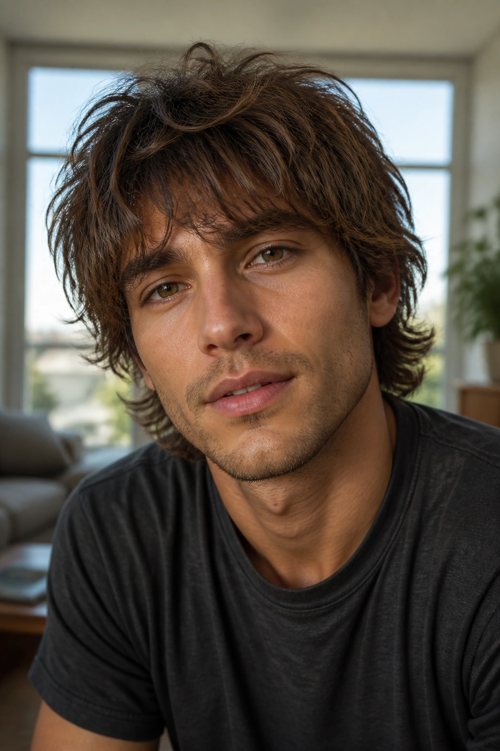 Close-up portrait of a man with a low-maintenance air-dried shag hairstyle in natural light.