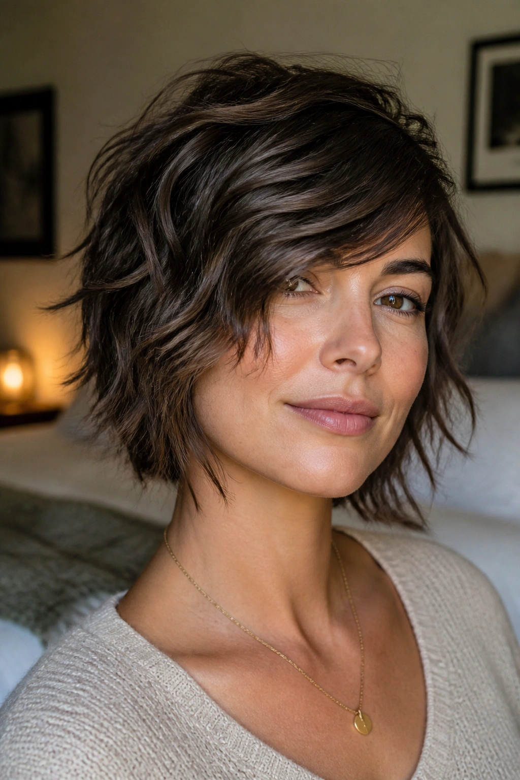 Close-up portrait of a real woman with a low-maintenance side shag and air-dried texture in a cozy room