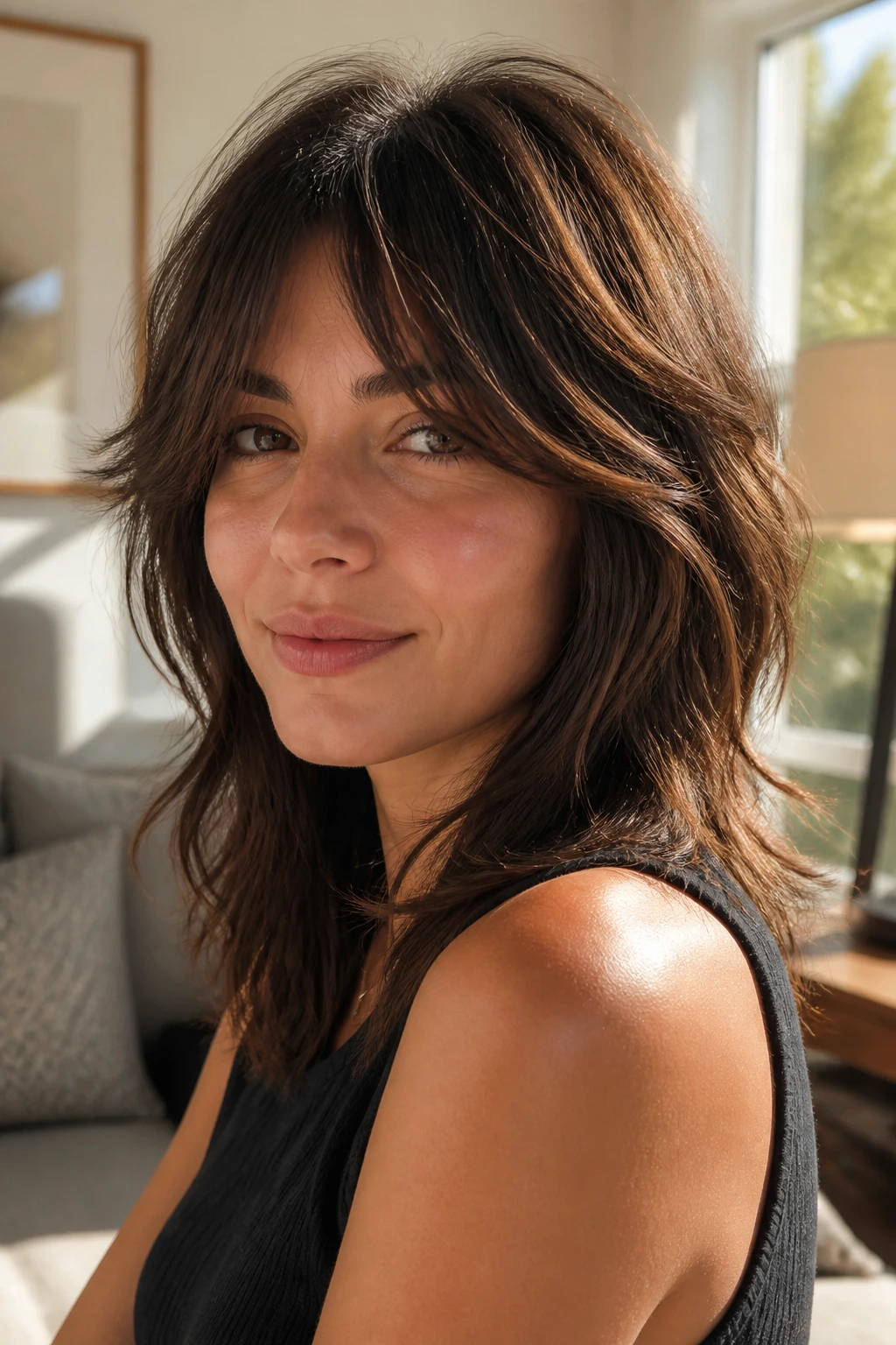 Close-up of a real woman with shoulder-length low-maintenance air-dry shag showing face-framing pieces and textured crown.