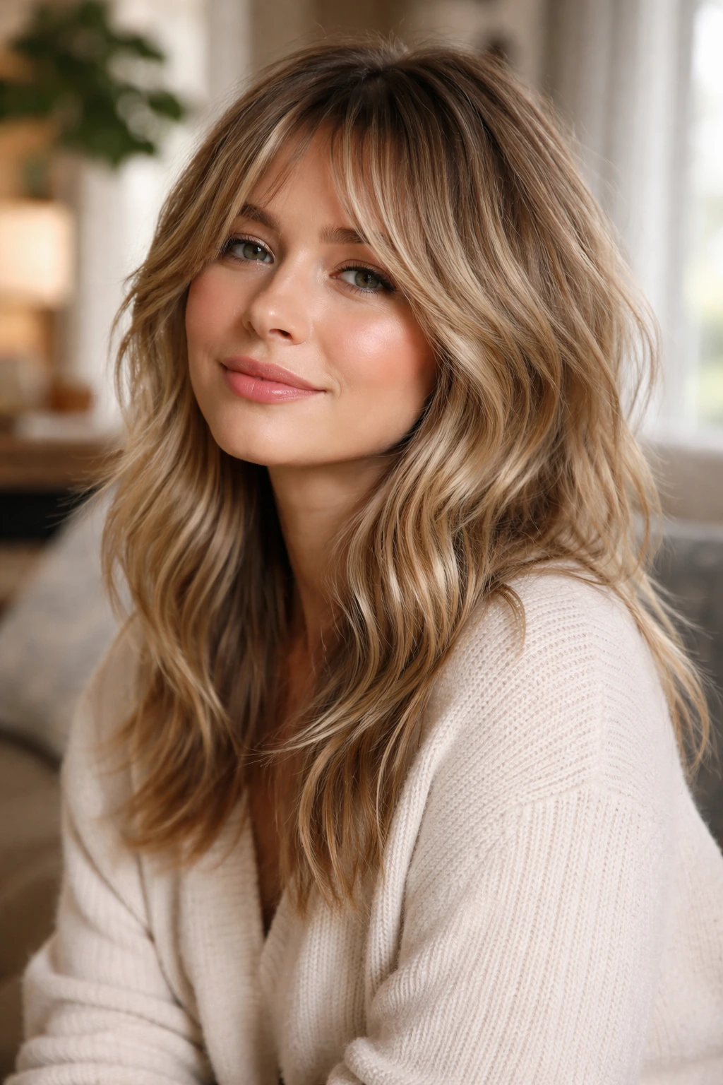 Close-up of a person with long-layered low-maintenance shag in a warm living room