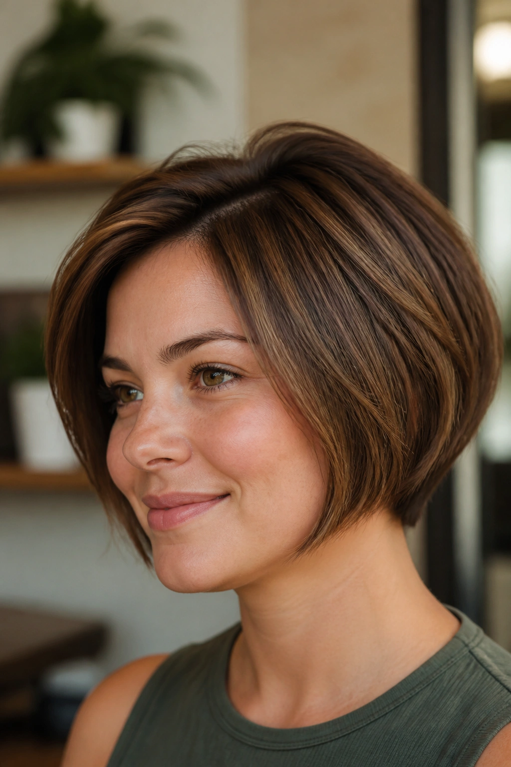 Close-up of a real person with a low-maintenance short stacked bob.