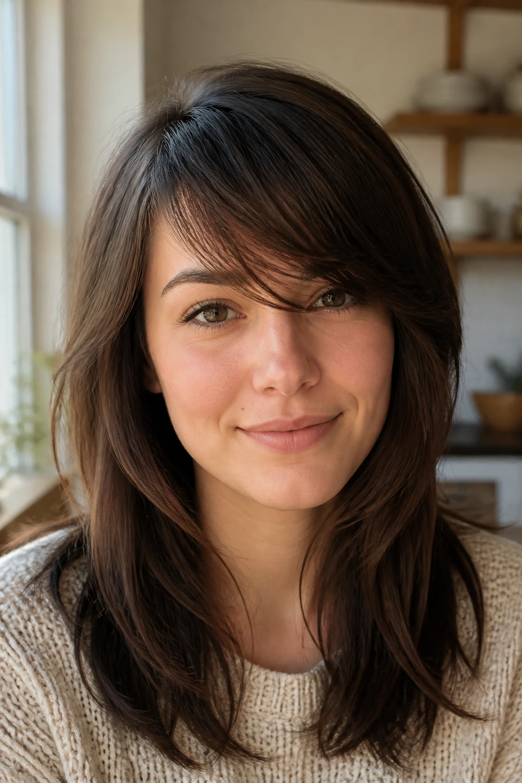 Close-up portrait of a real woman with low-maintenance side-swept bangs