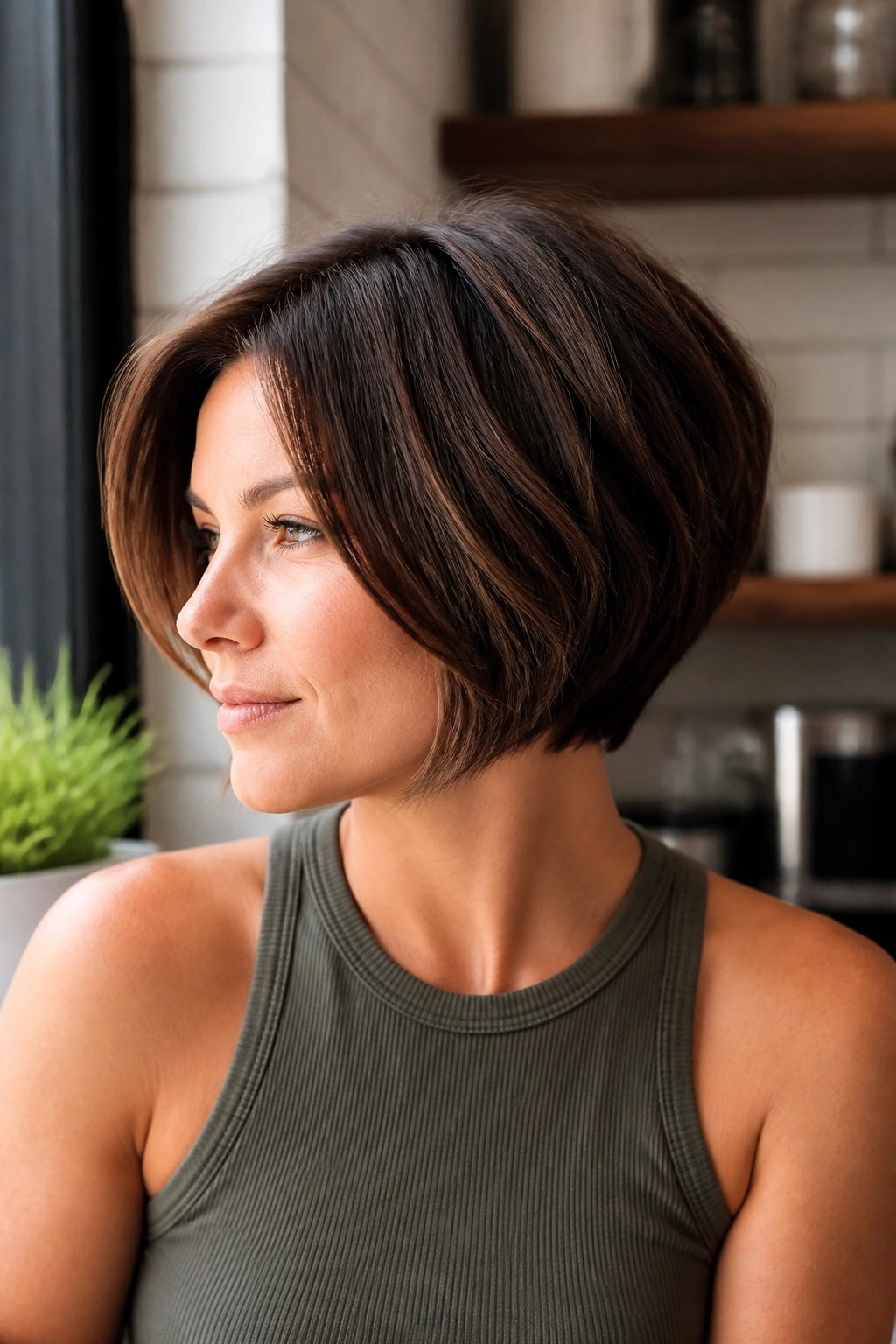 Close-up of a real woman with low-maintenance stacked bob in morning light