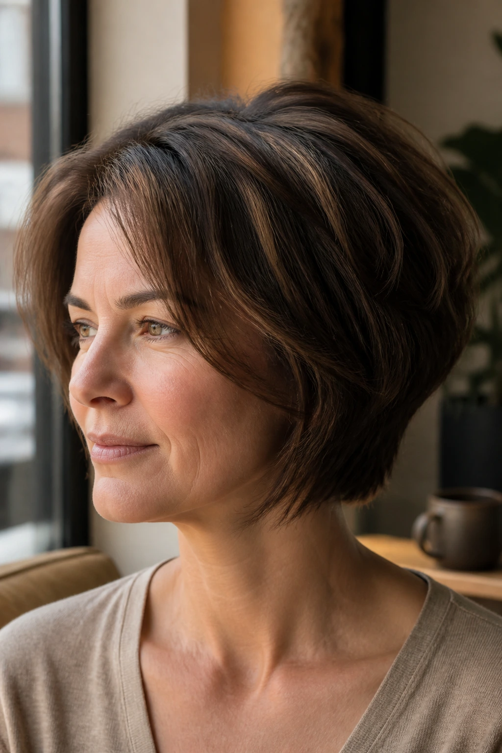 Portrait of a real person with a softly layered stacked cut and natural air-dried texture.