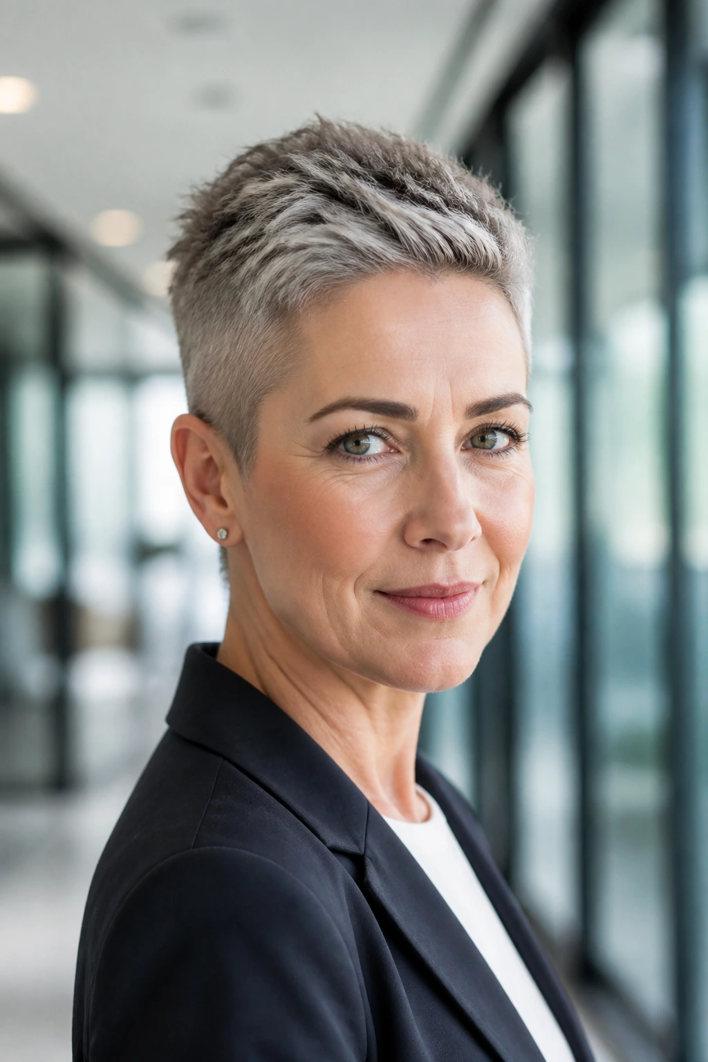 Close-up of a real woman with a short tapered sides faux hawk, easy-care style