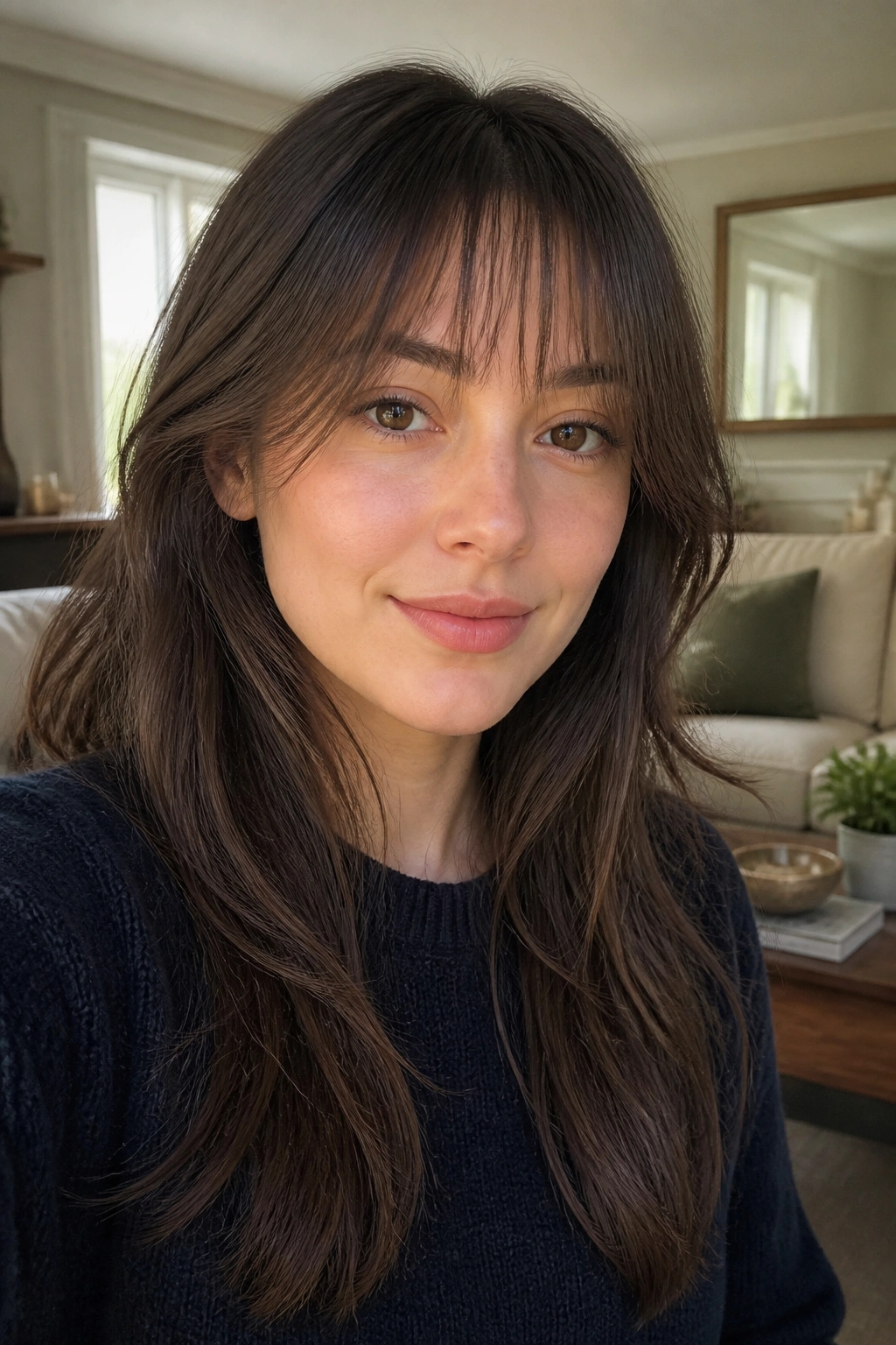 Close-up portrait of a real woman with low-maintenance wispy fringe.