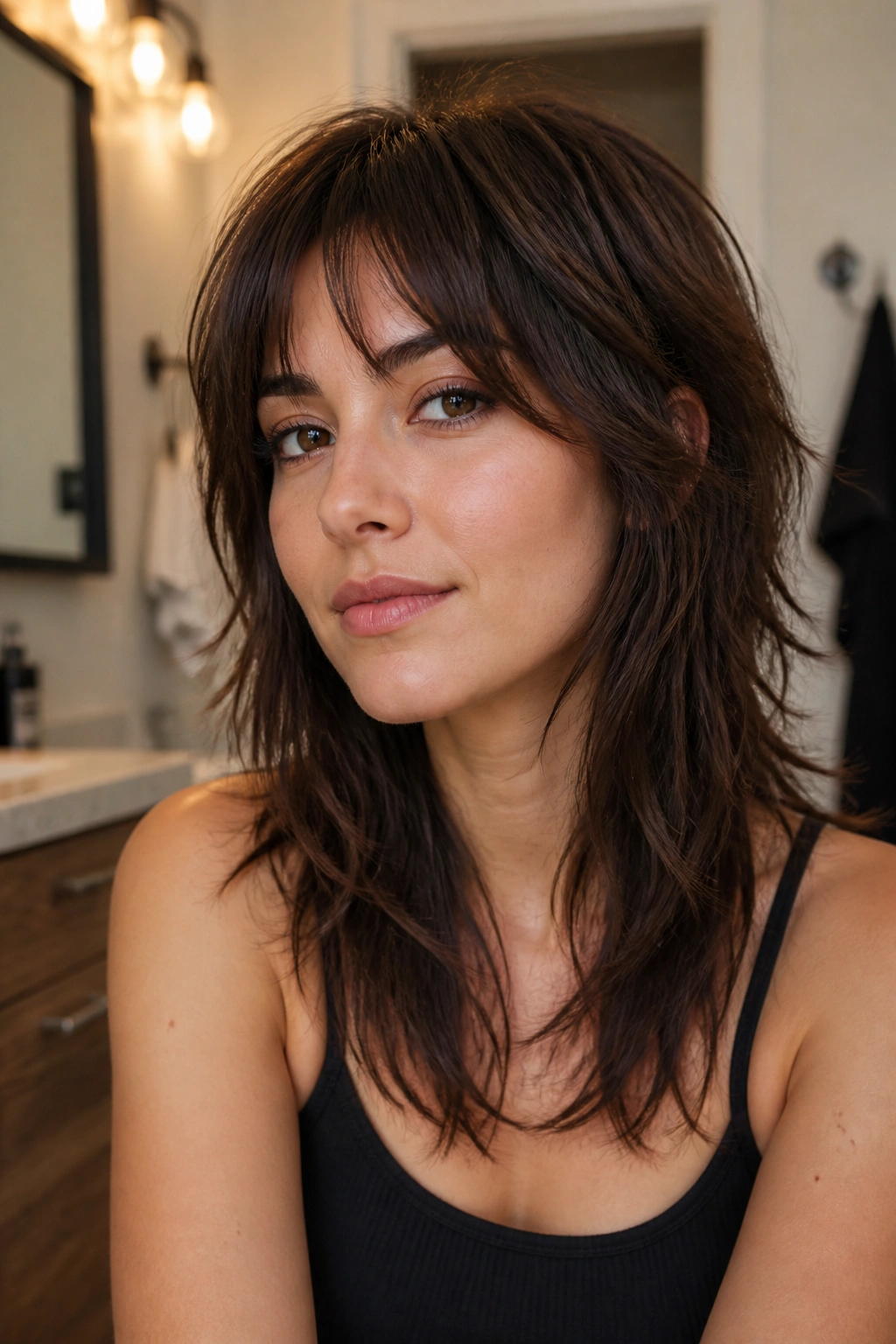 Close-up portrait of a real person with a low-maintenance wolf cut and grow-out-friendly layers.