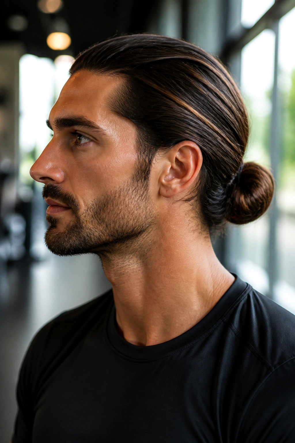 Real man with a low, clean bun at the nape in soft ambient light.