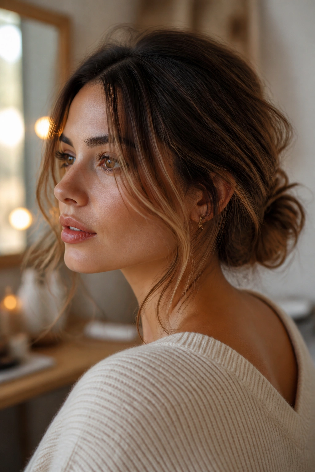 Close-up of real woman with a low messy bun and face tendrils