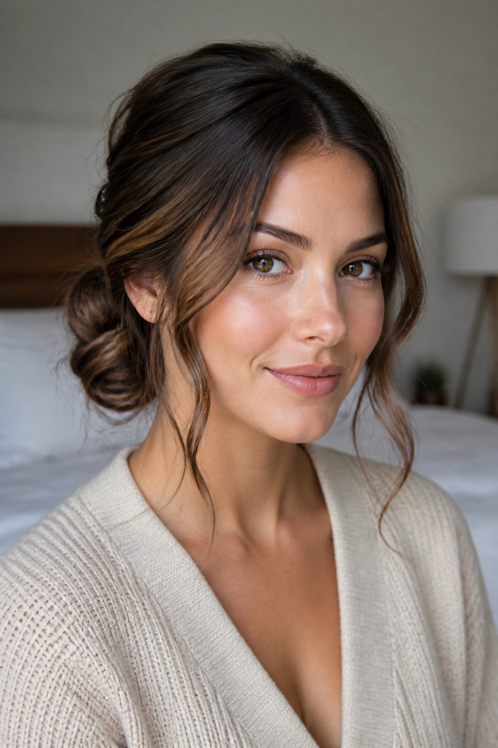 Real woman with low messy bun and soft tendrils framing the face in a cozy room