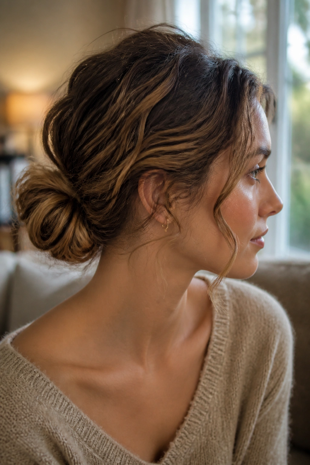 Close-up of a real woman with a low messy bun