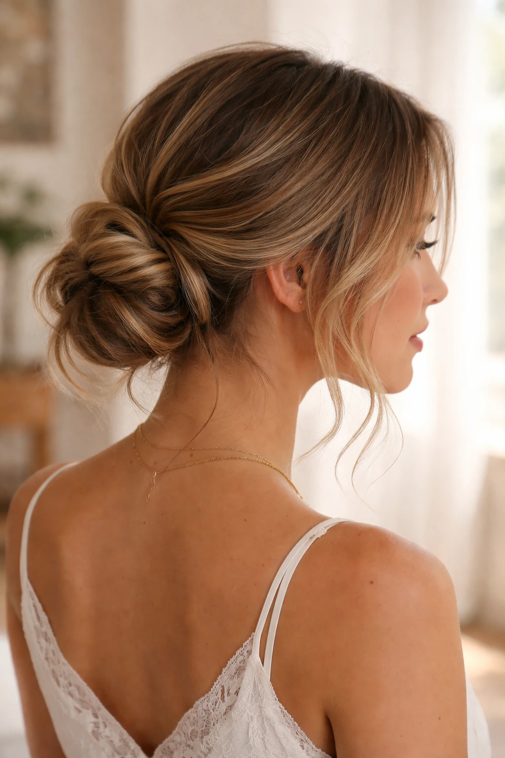 Close-up of a person with a low messy chignon and tendrils at the temples
