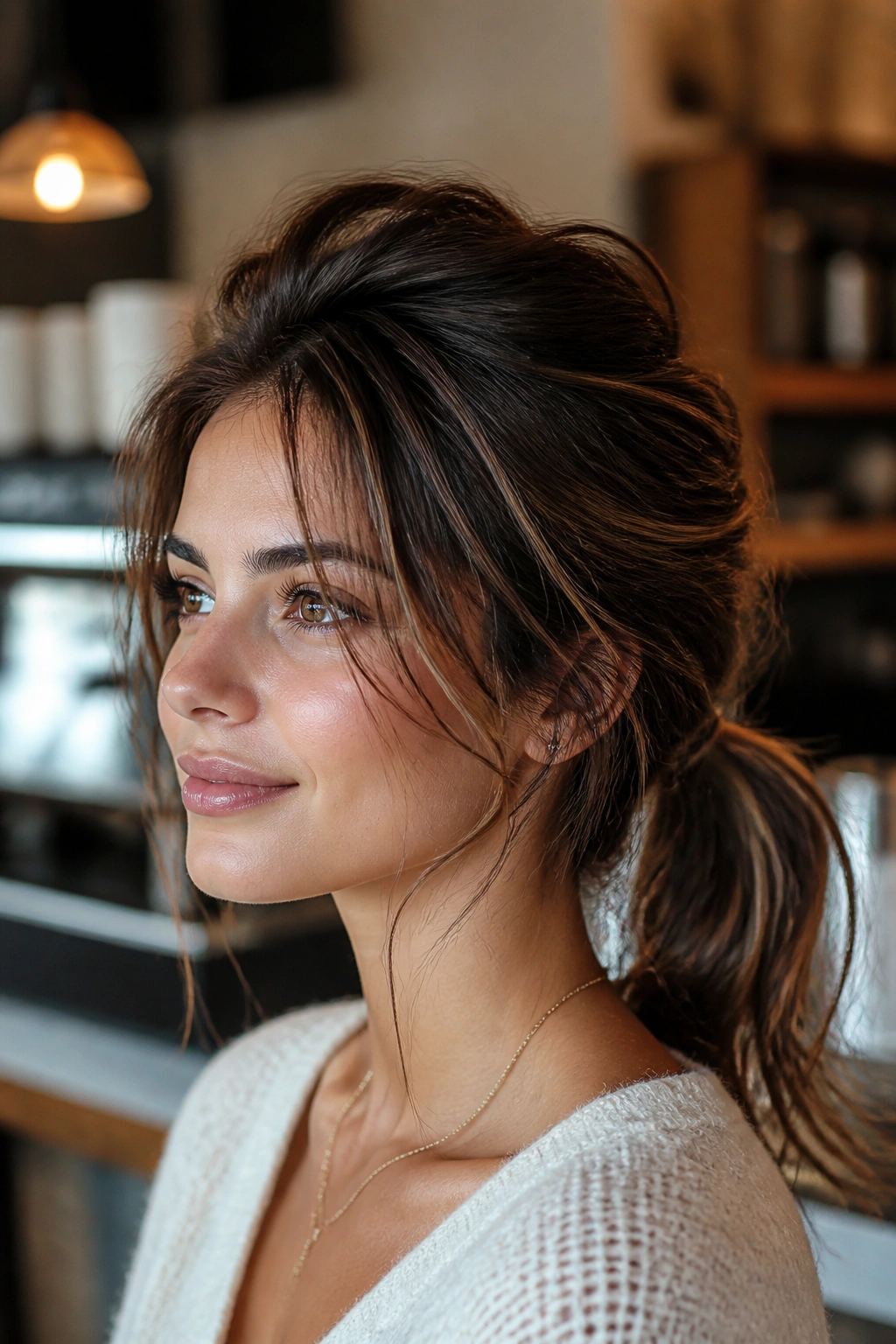 Close-up of a real woman with a low messy ponytail and crown lift