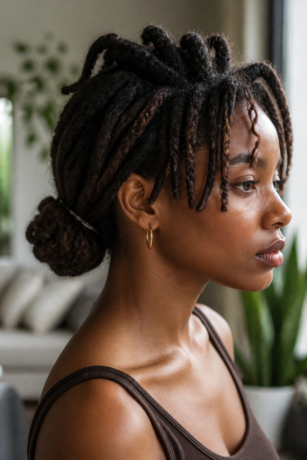 Portrait of a person with a low nape bun and loose top locs
