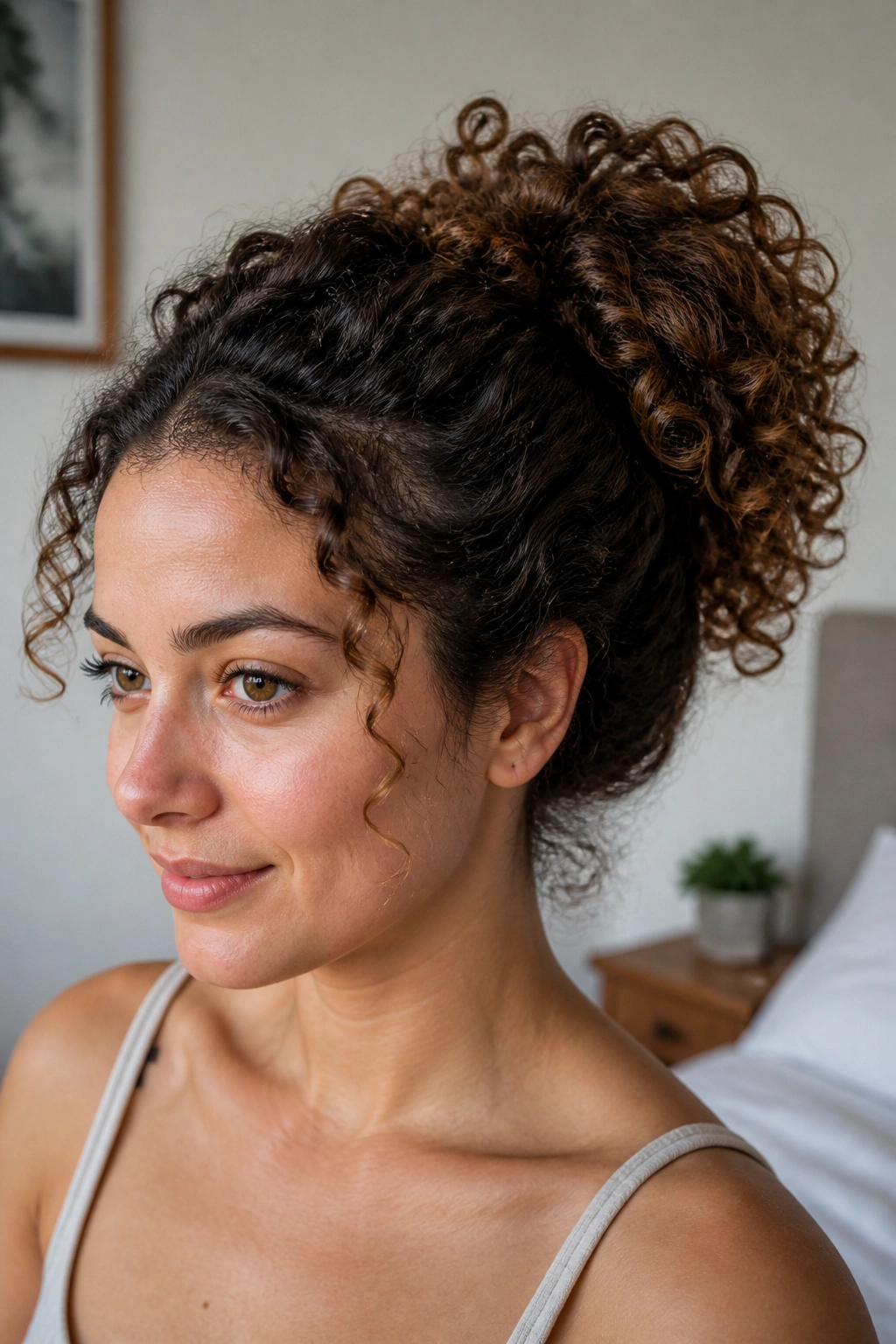 Close-up of a low pineapple ponytail on a real woman