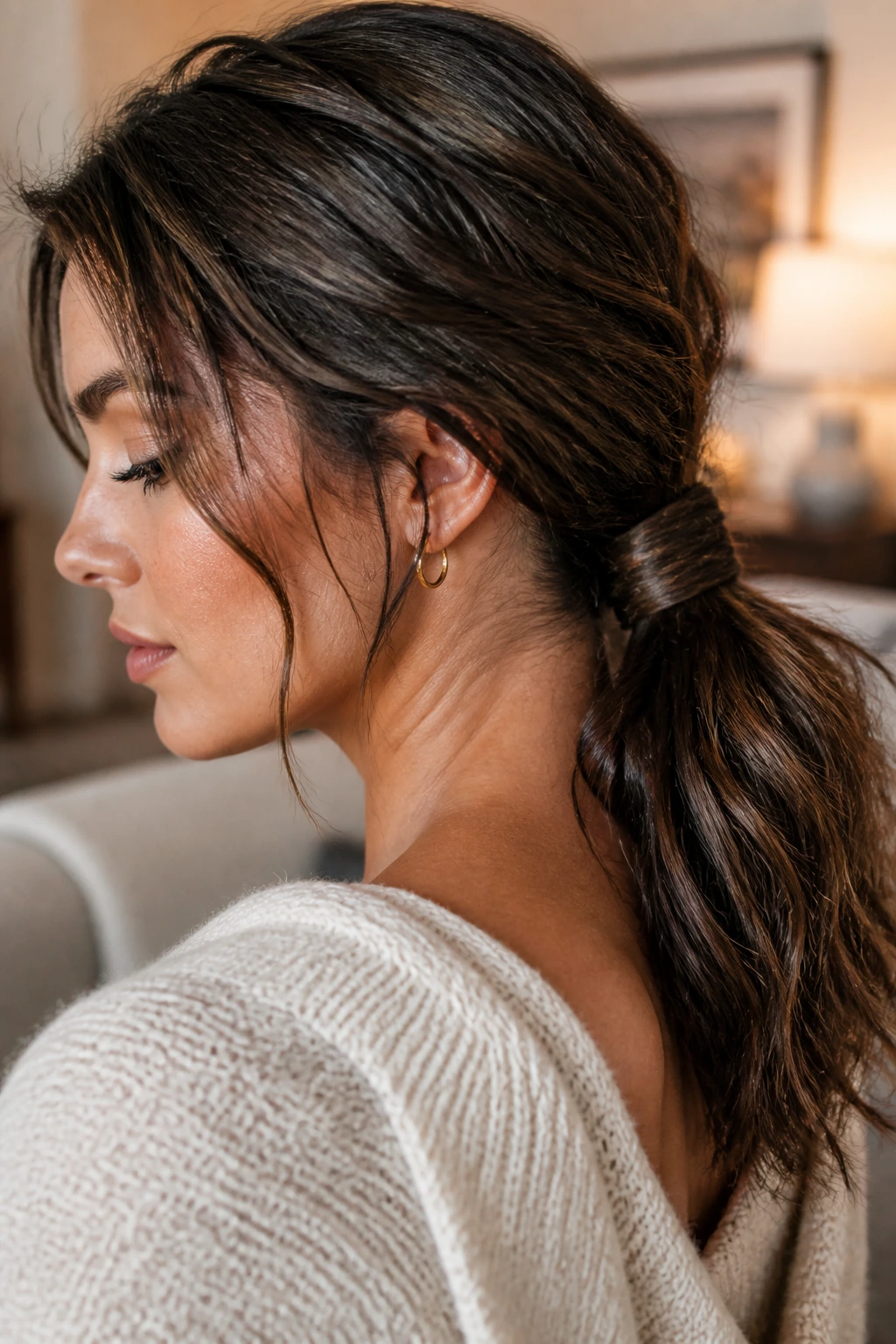 Close-up of a real woman with a low textured wrap ponytail at the nape