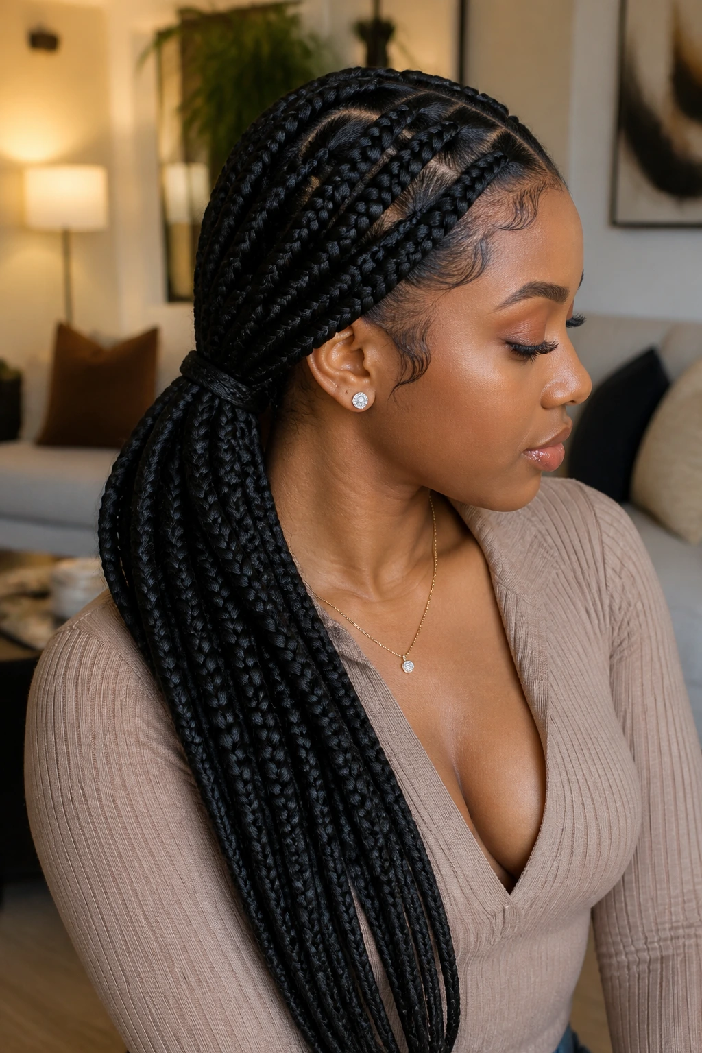 Close-up portrait of a real woman with a low ponytail of box braids