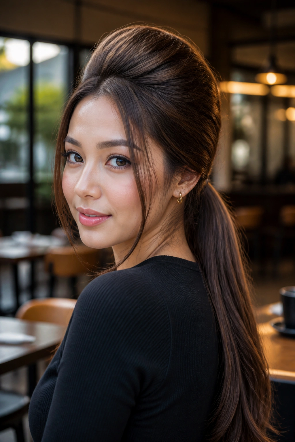 Portrait of a real woman with a low ponytail and tall crown top.