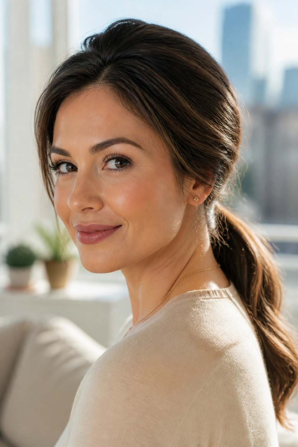 Close-up portrait of a real woman with a crown lift and low ponytail.