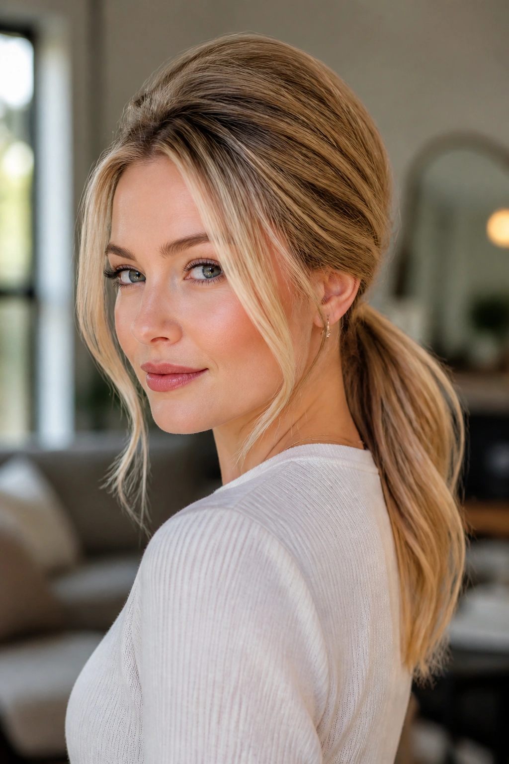 Three-quarter view of a real woman with a low nape ponytail and crown lift