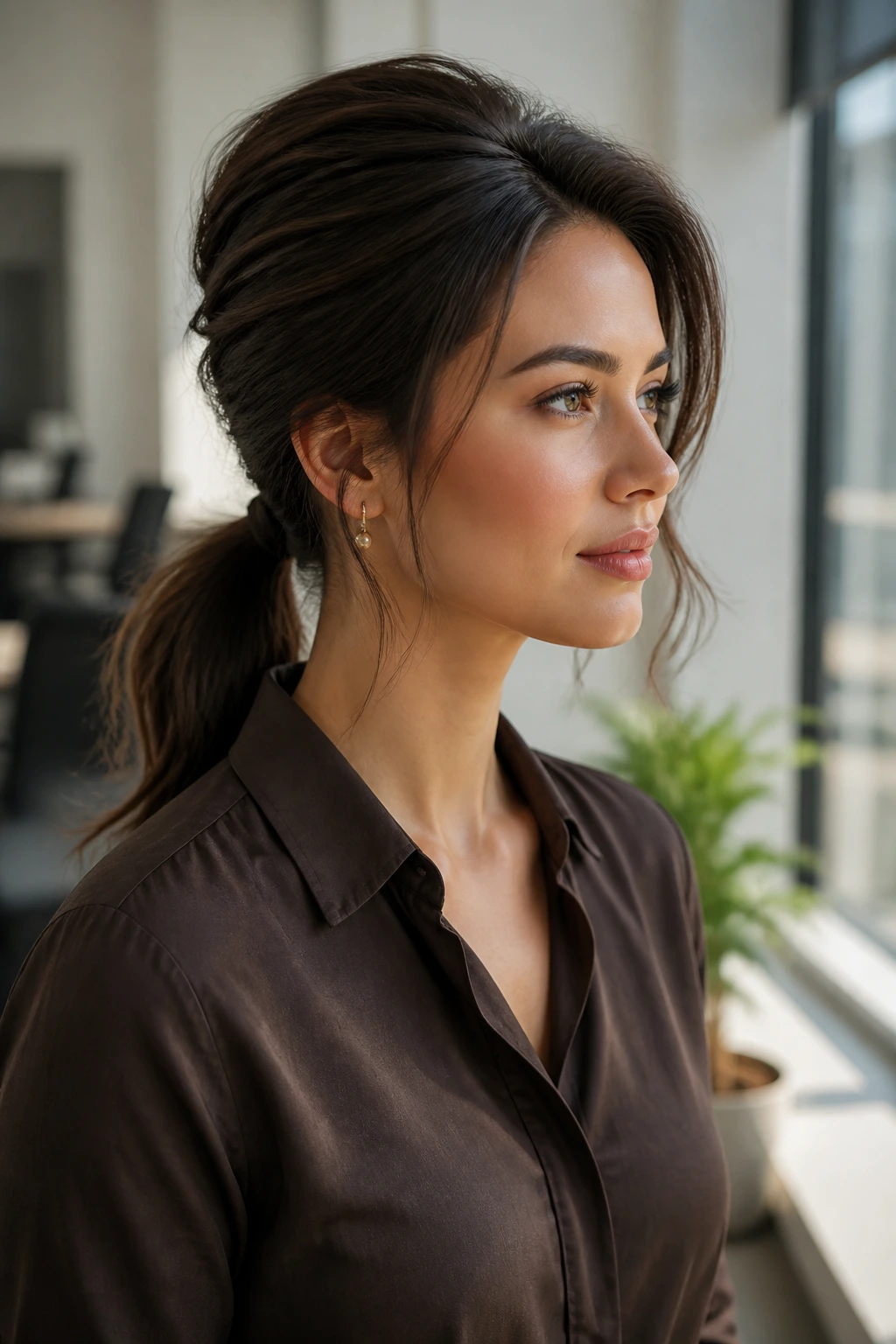 Portrait of a woman with a low ponytail and crown volume in dark mocha hair