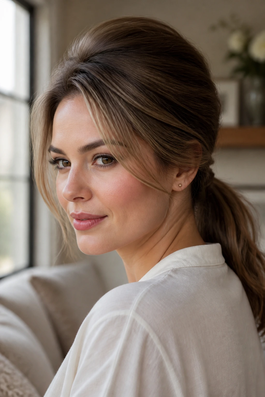 Close-up of a real woman with a low ponytail and crown lift in warm window light